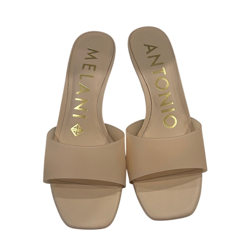 Antonio Melani Women Beige Clear Heel Slide Sandals Mules Square Toe Size 7.5M‎